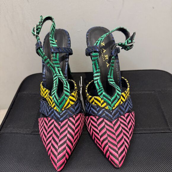 Zara Multicolor Herringbone Pointed Toe Heels - EU39/US8, New with Tags - Picture 2 of 10